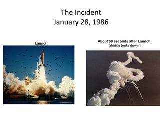 The Incident
January 28, 1986
Launch
About 80 seconds after Launch
(shuttle broke down )
  
                                                                  
    
  
                                                              
    
 
