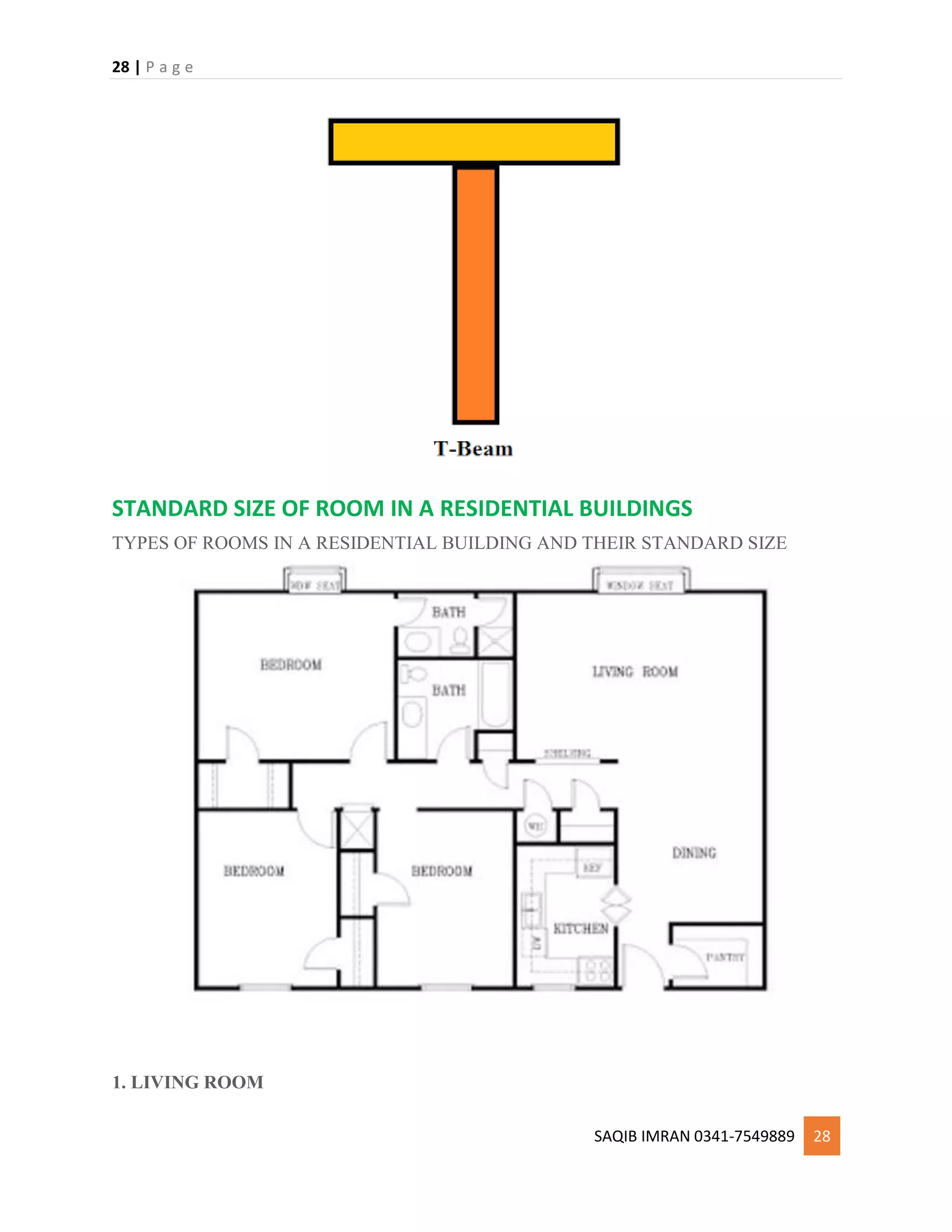 28 | P a g e
SAQIB IMRAN 0341-7549889 28
STANDARD SIZE OF ROOM IN A RESIDENTIAL BUILDINGS
TYPES OF ROOMS IN A RESIDENTIAL BUILDING AND THEIR STANDARD SIZE
1. LIVING ROOM
 