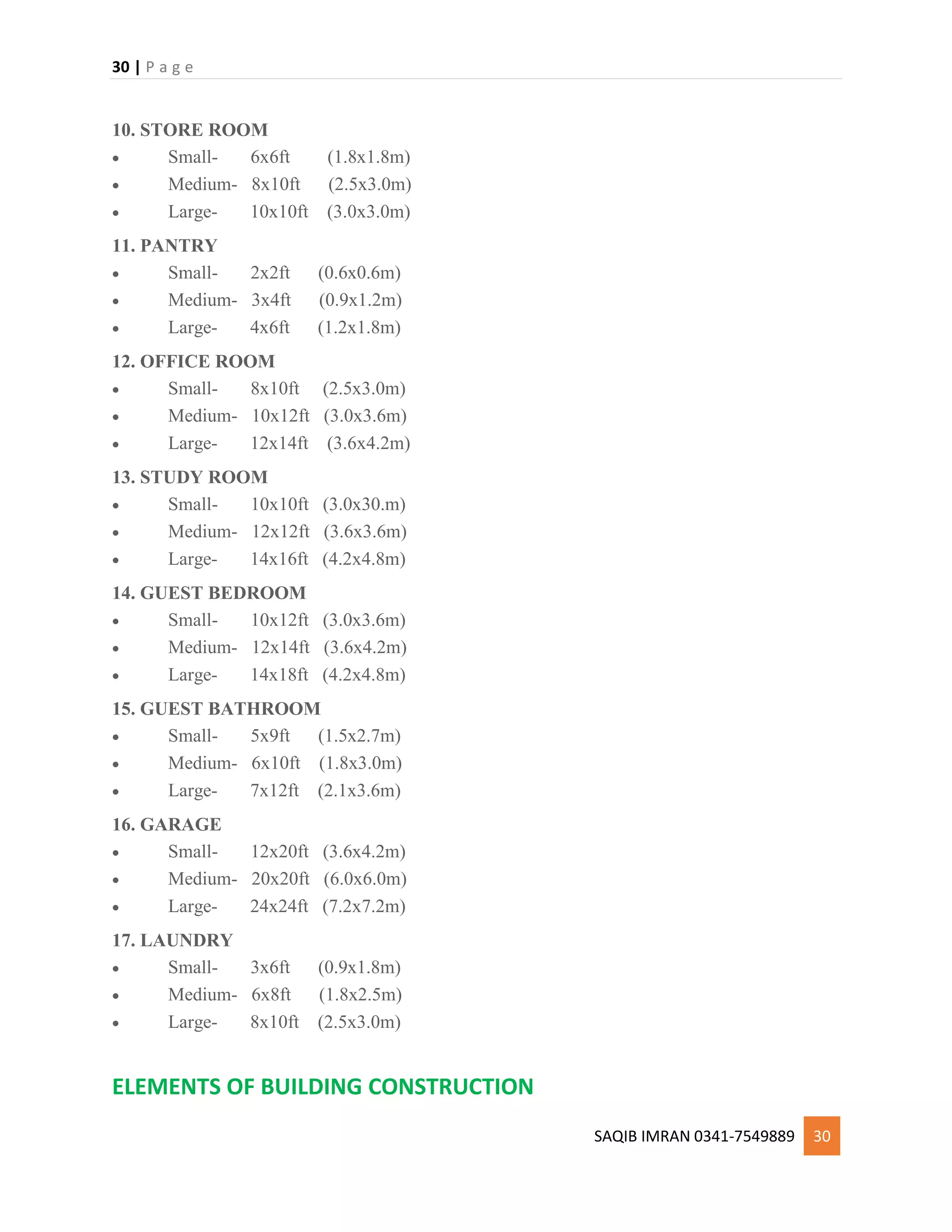 30 | P a g e
SAQIB IMRAN 0341-7549889 30
10. STORE ROOM
 Small- 6x6ft (1.8x1.8m)
 Medium- 8x10ft (2.5x3.0m)
 Large- 10x10ft (3.0x3.0m)
11. PANTRY
 Small- 2x2ft (0.6x0.6m)
 Medium- 3x4ft (0.9x1.2m)
 Large- 4x6ft (1.2x1.8m)
12. OFFICE ROOM
 Small- 8x10ft (2.5x3.0m)
 Medium- 10x12ft (3.0x3.6m)
 Large- 12x14ft (3.6x4.2m)
13. STUDY ROOM
 Small- 10x10ft (3.0x30.m)
 Medium- 12x12ft (3.6x3.6m)
 Large- 14x16ft (4.2x4.8m)
14. GUEST BEDROOM
 Small- 10x12ft (3.0x3.6m)
 Medium- 12x14ft (3.6x4.2m)
 Large- 14x18ft (4.2x4.8m)
15. GUEST BATHROOM
 Small- 5x9ft (1.5x2.7m)
 Medium- 6x10ft (1.8x3.0m)
 Large- 7x12ft (2.1x3.6m)
16. GARAGE
 Small- 12x20ft (3.6x4.2m)
 Medium- 20x20ft (6.0x6.0m)
 Large- 24x24ft (7.2x7.2m)
17. LAUNDRY
 Small- 3x6ft (0.9x1.8m)
 Medium- 6x8ft (1.8x2.5m)
 Large- 8x10ft (2.5x3.0m)
ELEMENTS OF BUILDING CONSTRUCTION
 