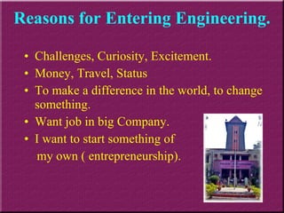 Reasons for Entering Engineering. Challenges, Curiosity, Excitement. Money, Travel, Status To make a difference in the world, to change something. Want job in big Company. I want to start something of  my own ( entrepreneurship). 