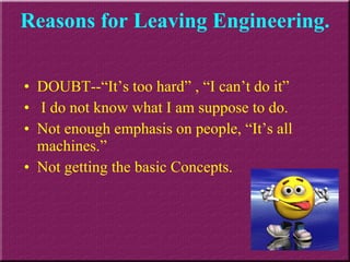 DOUBT--“It’s too hard” , “I can’t do it” I do not know what I am suppose to do. Not enough emphasis on people, “It’s all machines.” Not getting the basic Concepts. Reasons for Leaving Engineering. 