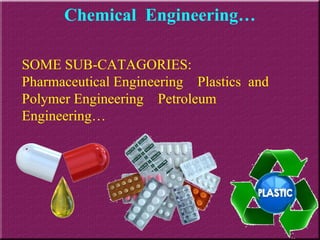 Chemical  Engineering… SOME SUB-CATAGORIES: Pharmaceutical Engineering  Plastics  and Polymer Engineering  Petroleum Engineering… 