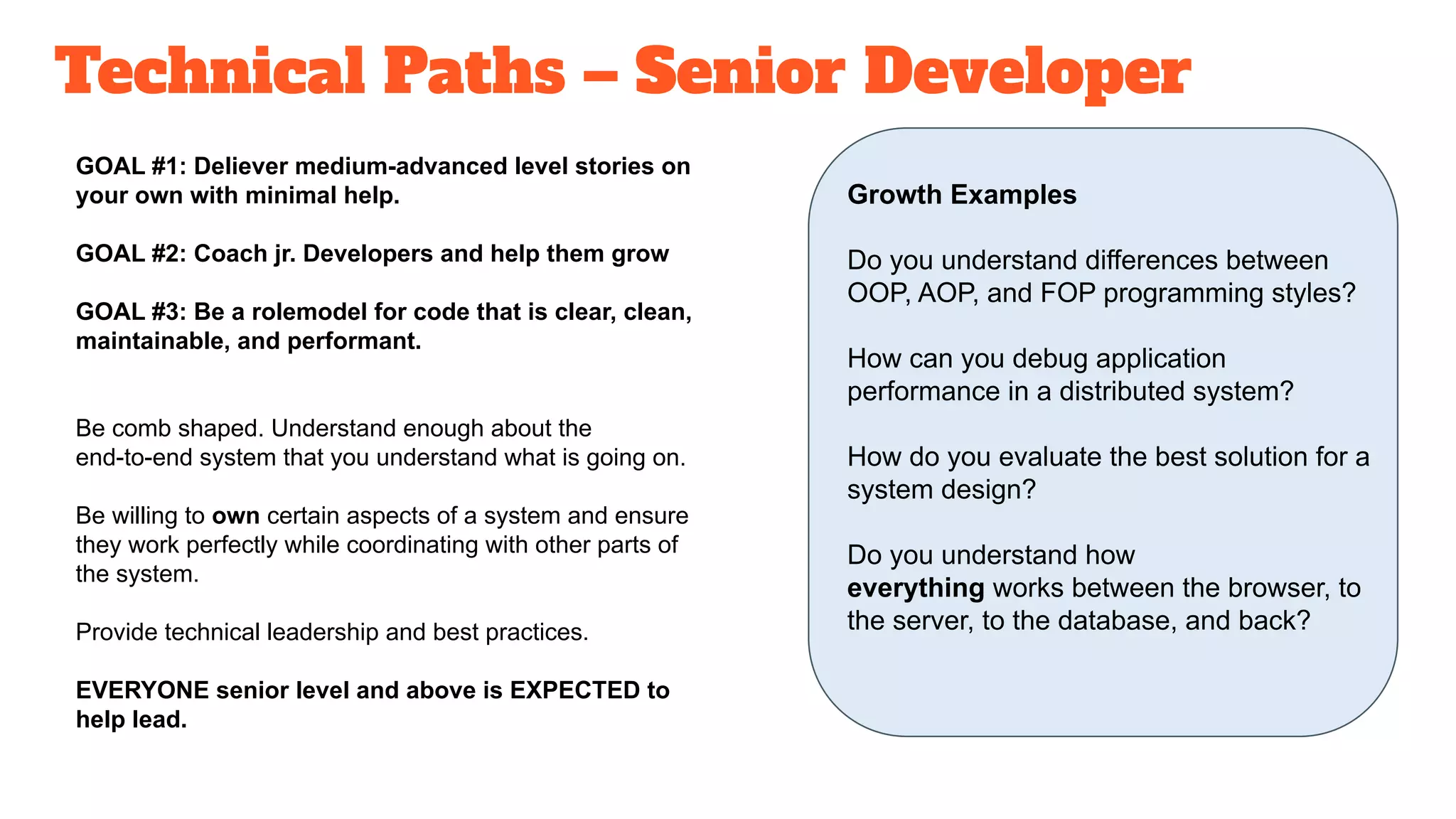 Technical Paths – Senior Developer
GOAL #1: Deliever medium-advanced level stories on
your own with minimal help.
GOAL #2: Coach jr. Developers and help them grow
GOAL #3: Be a rolemodel for code that is clear, clean,
maintainable, and performant.
Be comb shaped. Understand enough about the
end-to-end system that you understand what is going on.
Be willing to own certain aspects of a system and ensure
they work perfectly while coordinating with other parts of
the system.
Provide technical leadership and best practices.
EVERYONE senior level and above is EXPECTED to
help lead.
Growth Examples
Do you understand differences between
OOP, AOP, and FOP programming styles?
How can you debug application
performance in a distributed system?
How do you evaluate the best solution for a
system design?
Do you understand how
everything works between the browser, to
the server, to the database, and back?
 