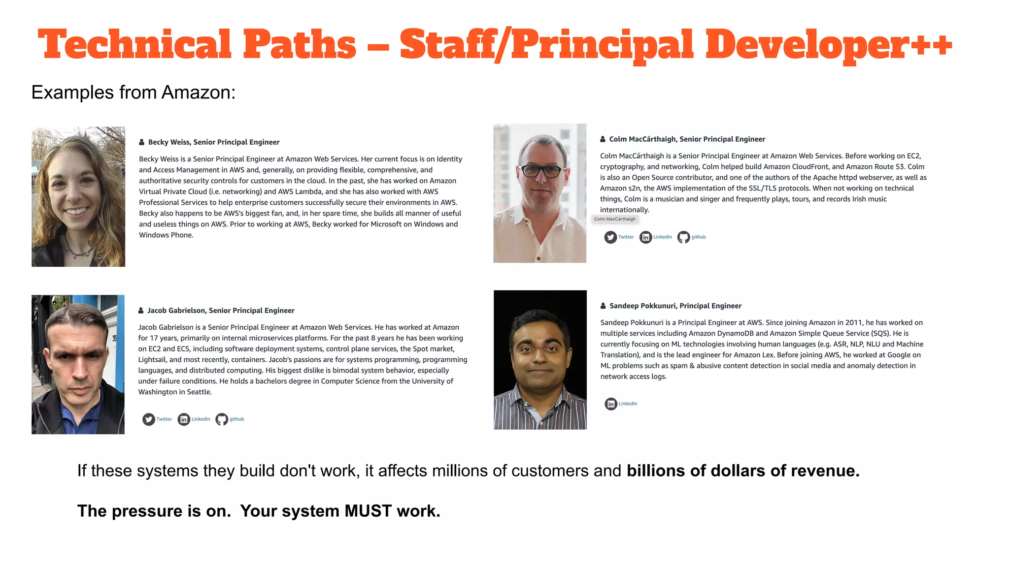 Technical Paths – Staff/Principal Developer++
Examples from Amazon:
If these systems they build don't work, it affects millions of customers and billions of dollars of revenue.
The pressure is on. Your system MUST work.
 