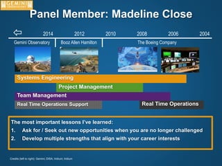 The most important lessons I’ve learned:
1. Ask for / Seek out new opportunities when you are no longer challenged
2. Develop multiple strengths that align with your career interests
Credits (left to right): Gemini; DISA; Iridium; Iridium
Real Time Operations Support
Systems Engineering
Team Management
Project Management
Real Time Operations

2014 2012 2010 2008 2006 2004
Gemini Observatory Booz Allen Hamilton The Boeing Company
Panel Member: Madeline Close
 