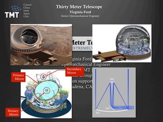 Virginia Ford
Senior Optomechanical Engineer
member of TMT staff
Optics Group
non-profit organization supported by 5 countries
Pasadena, CA
Thirty Meter Telescope
NEXT GENERATION EXTREMELY LARGE TELESCOPE
M3
M1
M2
Secondary
Mirror
Tertiary
Mirror
Primary
Mirror
Thirty Meter Telescope
Virginia Ford
Senior Optomechanical Engineer
Canada
China
India
Japan
USA
 