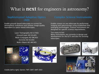 What is next for engineers in astronomy?
Sophisticated Adaptive Optics
(AO)
Complex Science Instruments
Enable ground-based telescopes to correct for
atmospheric turbulence and achieve image quality
equivalent to space-based telescopes.
Enable science on any telescope by performing
imaging and spectroscopy using established and
emerging technologies. Science instruments are
designed for specific science requirements.
Laser Tomography AO (LTAO)
Ground Layer AO (GLAO)
Multi-Conjugate AO (MCAO)
Extreme AO (ExAO)
Multi-Object AO (MCAO)
Too many to list!
Many instruments are currently in design and
development for the ELTs and also for existing
telescopes.
Credits (left to right): Gemini; TMT; GMT; GMT; ESO
 