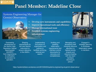Panel Member: Madeline Close
Systems Engineering Manager for
Gemini Observatory
²  Develop new instruments and capabilities
²  Improve operational tools and efficiency
²  Manage international team
²  Establish systems engineering
infrastructure
Overseeing
development of
the Gemini High-
Resolution Optical
Spectrograph
(GHOST):
from requirements
to veriﬁcation
to transition to
operation.
Shaping
requirements for
the next Gemini
instrument to
ensure relevancy
in the 2020’s.
Implementing
Docushare re-
organization and
policies to
facilitate archiving,
retrieval and
search.
Auditing and
updating
observatory
requirements and
interface control
documents for
accuracy and
completeness.
Managing and
developing staff
including resource
allocation to
highest priority
projects and
resource loading
with two team
members
returning to
school.
Engaged in
strategic planning
to anticipate
observatory needs
in mid-term.
https://systems2stars.wordpress.com/2015/03/22/systems-engineering-at-gemini-observatory/
 