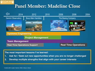 The most important lessons I’ve learned:
1.  Ask for / Seek out new opportunities when you are no longer challenged
2.  Develop multiple strengths that align with your career interests
Credits (left to right): Gemini; DISA; Iridium; Iridium
Real Time Operations Support
Systems Engineering
Team Management
Project Management
Real Time Operations
ñ
2014 2012 2010 2008 2006 2004
Gemini Observatory Booz Allen Hamilton The Boeing Company
Panel Member: Madeline Close
 