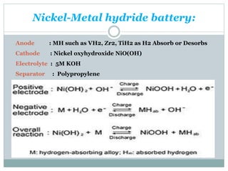 Nickel-Metal hydride battery:
Anode : MH such as VH2, Zr2, TiH2 as H2 Absorb or Desorbs
Cathode : Nickel oxyhydroxide NiO(OH)
Electrolyte : 5M KOH
Separator : Polypropylene
 