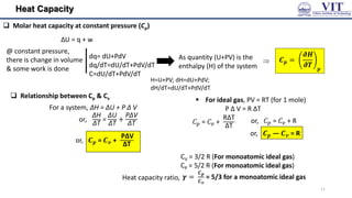 Heat Capacity
 Molar heat capacity at constant pressure (Cp)
@ constant pressure,
there is change in volume
& some work is done
dq= dU+PdV
dq/dT=dU/dT+PdV/dT
C=dU/dT+PdV/dT
𝑪𝒑 =
𝝏𝑯
𝝏𝑻 𝒑
ΔU = q + w
As quantity (U+PV) is the
enthalpy (H) of the system
 Relationship between Cp & Cv

For a system, ΔH = ΔU + P Δ V
or,
ΔH
ΔT
=
ΔU
ΔT
+
PΔV
ΔT
or, 𝑪𝒑 = 𝑪𝒗 +
PΔV
ΔT
 For ideal gas, PV = RT (for 1 mole)
P Δ V = R ΔT
𝐶𝑝 = 𝐶𝑣 +
RΔT
ΔT
or, 𝐶𝑝 = 𝐶𝑣 + R
or, 𝑪𝒑 ― 𝑪𝒗 = R
CV = 3/2 R (For monoatomic ideal gas)
CP = 5/2 R (For monoatomic ideal gas)
𝜸 =
𝑪𝒑
𝑪𝒗
= 5/3 for a monoatomic ideal gas
Heat capacity ratio,
11
H=U+PV; dH=dU+PdV;
dH/dT=dU/dT+PdV/dT
 