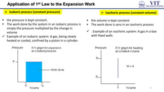 Application of 1st Law to the Expansion Work
 Isobaric process (constant pressure)
 the pressure is kept constant.
 The work done by the system in an isobaric process is
simply the pressure multiplied by the change in
volume
 Example of an isobaric system: A gas, being slowly
heated or cooled, confined by a piston in a cylinder.
 Isochoric process (constant volume)
 the volume is kept constant
 The work done is zero in an isochoric process
 . Example of an isochoric system: A gas in a box
with fixed walls
15
 