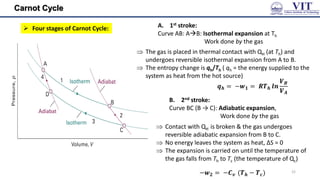 Carnot Cycle
 Four stages of Carnot Cycle: A. 1st stroke:
Curve AB: AB: Isothermal expansion at Th
Work done by the gas
𝒒𝒉 = −𝒘𝟏 = 𝑹𝑻𝒉 𝒍𝒏
𝑽𝑩
𝑽𝑨
 The gas is placed in thermal contact with QH (at Th) and
undergoes reversible isothermal expansion from A to B.
 The entropy change is qh/Th ( qh = the energy supplied to the
system as heat from the hot source)
B. 2nd stroke:
Curve BC (B → C): Adiabatic expansion,
Work done by the gas
−𝒘𝟐 = −𝑪𝒗 (𝑻𝒉 − 𝑻𝒄)
 Contact with QH is broken & the gas undergoes
reversible adiabatic expansion from B to C.
 No energy leaves the system as heat, ΔS = 0
 The expansion is carried on until the temperature of
the gas falls from Th to Tc (the temperature of Qc)
22
 