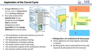 Application of the Carnot Cycle
 Energy efficiency of the
Carnot cycle is independent
of its working substance.
 Any cyclic process that
absorbs heat at one
temperature and rejects
heat at another
temperature and is
reversible has the energy
efficiency of a Carnot cycle.
 Refrigeration, Air conditioners & Heat pumps
● These appliances are heat engines operating
in reverse.
● By doing work, heat is extracted from the cold
reservoir & exhausted to the hot reservoir
 Thermal devices or thermal machines are one of
the applications of this cycle.
 The heat pumps to produce heating,
 the refrigerators to produce cooling,
 the steam turbines used in the ships,
 the combustion engines of the combustion vehicles
 the reaction turbines of the aircraft 25
 