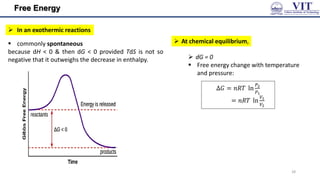 Free Energy
 commonly spontaneous
because dH < 0 & then dG < 0 provided TdS is not so
negative that it outweighs the decrease in enthalpy.  dG = 0
 Free energy change with temperature
and pressure:
 In an exothermic reactions
 At chemical equilibrium,
∆𝐺 = 𝑛𝑅𝑇 ln
𝑃2
𝑃1
= 𝑛𝑅𝑇 ln
𝑉1
𝑉2
28
 