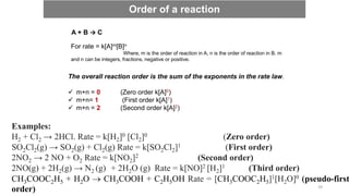A + B → C
For rate = k[A]m[B]n
Where, m is the order of reaction in A, n is the order of reaction in B. m
and n can be integers, fractions, negative or positive.
The overall reaction order is the sum of the exponents in the rate law.
 m+n = 0 (Zero order k[A]0)
 m+n= 1 (First order k[A]1)
 m+n = 2 (Second order k[A]2)
Order of a reaction
Examples:
H2 + Cl2 → 2HCl. Rate = k[H2]0 [Cl2]0 (Zero order)
SO2Cl2(g) → SO2(g) + Cl2(g) Rate = k[SO2Cl2]1 (First order)
2NO2 → 2 NO + O2 Rate = k[NO2]2 (Second order)
2NO(g) + 2H2(g) → N2 (g) + 2H2O (g) Rate = k[NO]2 [H2]1 (Third order)
CH3COOC2H5 + H2O  CH3COOH + C2H5OH Rate = [CH3COOC2H5]1[H2O]0 (pseudo-first
order) 39
 