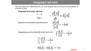 Since rate laws are in differential form, we must integrate them to find out the concentration as
a function of time.
Integrated first-order rate law:
A → B
Rate =
Separate concentration and time terms
Integrating over the limits [A]0 to [A]t and 0 to t,
    kt
A
A t 

 0
ln
ln
Integrated rate laws
 
  
 

t
t
A
A
dt
k
A
A
d
0
]
[
0
]
[
 
 
kdt
A
A
d


 
  
 
 dt
k
A
A
d
   
A
k
dt
A
d


Continue….
40
 