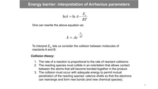 RT
E
A
k a

 ln
ln
One can rewrite the above equation as:
RT
Ea
Ae
k


To interpret Ea, lets us consider the collision between molecules of
reactants A and B:
Energy barrier: interpretation of Arrhenius parameters
Collision theory:
1. The rate of a reaction is proportional to the rate of reactant collisions:
2. The reacting species must collide in an orientation that allows contact
between the atoms that will become bonded together in the product.
3. The collision must occur with adequate energy to permit mutual
penetration of the reacting species’ valence shells so that the electrons
can rearrange and form new bonds (and new chemical species).
52
 