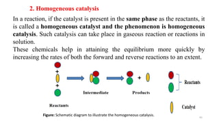 2. Homogeneous catalysis
In a reaction, if the catalyst is present in the same phase as the reactants, it
is called a homogeneous catalyst and the phenomenon is homogeneous
catalysis. Such catalysis can take place in gaseous reaction or reactions in
solution.
These chemicals help in attaining the equilibrium more quickly by
increasing the rates of both the forward and reverse reactions to an extent.
Figure: Schematic diagram to illustrate the homogeneous catalysis. 65
 