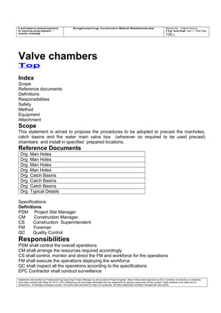 A work based on personal experience
for improving young engineers /
students knowledge
Engineering Construction Method Statements Revision No: Original Work by
P Eng Suraj Singh April 11, 2006 Page
135 of
Valve chambers
Top
Index
Scope
Reference documents
Definitions
Responsibilities
Safety
Method
Equipment
Attachment
Scope
This statement is aimed to propose the procedures to be adopted to precast the manholes,
catch basins and fire water main valve box (wherever so required to be used precast)
chambers and install in specified prepared locations.
Reference Documents
Drg Man Holes
Drg Man Holes
Drg Man Holes
Drg Man Holes
Drg Catch Basins
Drg Catch Basins
Drg Catch Basins
Drg Typical Details
Specifications
Definitions
PSM Project Site Manager
CM Construction Manager.
CS Construction Superintendent
FM Foreman
QC Quality Control
Responsibilities
PSM shall control the overall operations
CM shall arrange the resources required accordingly
CS shall control, monitor and direct the FM and workforce for the operations
FM shall execute the operations deploying the workforce
QC shall inspect all the operations according to the specifications
EPC Contractor shall conduct surveillance
Statements were written by Professional Eng Suraj Singh Project Manager as well as Senior Project Engineer. Most of these were approved by EPC Contractor & Company (no sketches
have been included with these for AUTO CAD ) References too have been eliminated from the statements for secrecy requirement of the contract These presents to be used only for
acedemical / knowledge exchange purpose. The works were executed for major oil companies. All these statements constitute management documents.
 