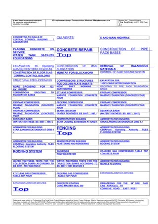 A work based on personal experience
for improving young engineers /
students knowledge
Engineering Construction Method Statements Revision No: Original Work by
P Eng Suraj Singh April 11, 2006 Page
2 of
CONCRETING TO WALLS OF
CENTRAL CONTROL BUILDING /
LABORATORY
CULVERTS E AND MAIN HIGHWAY.
PLACING CONCRETE ON
SERVICE
WATER TANK 58-TK-205
FOUNDATIONS
CONCRETE REPAIR
Top
CONSTRUCTION OF PIPE
RACK BASES
EXCAVATION IN Operating
Authority CONTROLLED AREAS
CONSTRUCTION OF MAIN
SUBSTATION
REMOVAL OF HAZARDOUS
MATERIALS
CONSTRUCTION OF FLOOR SLAB
CENTRAL CONTROL BUILDING
MORTAR FOR BLOCKWORK CONTROL OF CAMP SEWAGE SYSTEM
STRUCTURAL STEEL-PIPERACKS COMPRESSORS’ STRUCTURES
RCC COLUMN PLATE INSERTS
EXCAVATION FOR
132KV CABLE INTERCONNECTION
ROAD CROSSING FOR 132
KV ROUTE
NIGHT SHIFT WORKING -
EARTHWORKS
GROUTING TO PIPE RACK FOUNDATION
BASES
CEMENTITIOUS GROUTING TO
FOUNDATION BASES
ETYLENE COMPRESSOR
MASSIVE FOUNDATION (CONCRETE
POUR
PROPANE COMPRESSOR
MASSIVE FOUNDATION (CONCRETE POUR)
PROPANE COMPRESSOR
MASSIVE FOUNDATION (CONCRETE
POUR)
PROPANE COMPRESSOR
MASSIVE FOUNDATION (CONCRETE
POUR
PROPANE COMPRESSOR
MASSIVE FOUNDATION (CONCRETE POUR
PROPANE COMPRESSOR
MASSIVE FOUNDATION (CONCRETE
POUR
SEAWATER BASIN
(WATER TIGHTNESS BS 8007 : 1987 )
SEAWATER BASIN
(WATER TIGHTNESS BS 8007 : 1987 )
SEAWATER BASIN
(WATER TIGHTNESS BS 8007 : 1987 )
ADMINISTRATION BUILDING
STAIR LANDING EXTENSION AT GRID 4
J
ADMINISTRATION BUILDING
STAIR LANDING EXTENSION AT GRID 4 J
ADMINISTRATION BUILDING
STAIR LANDING EXTENSION AT GRID 4
J
FENCING
Top
ADMINISTRATION BUILDING
CERAPlant Operating Authority TILES
FLOORING SYSTEM
ADMINISTRATION BUILDING
CERAPlant Operating Authority TILES
FLOORING SYSTEM
ADMINISTRATION BUILDING
PLASTERING AND RENDERING
ADMINISTRATION BUILDING
ROOFING SYSTEM
ROOFING SYSTEM BUILDINGS
ROOFING SYSTEM
CRACKED GAS COMPRESSOR TABLE TOP
CONCRETE POUR
WATER TIGHTNESS TESTS FOR THE
COLLECTION SUMPS ACCORDING TO
BS 8007 : 1987 SECTION 9
WATER TIGHTNESS TESTS FOR THE
COLLECTION SUMPS ACCORDING TO
BS 8007 : 1987 SECTION 9
ADMINISTRATION BUILDING
MARBLE FLOORING
ETHYLENE GAS COMPRESSOR
TABLE TOP POUR
PROPANE GAS COMPRESSOR
TABLE TOP POUR
EXPANSION JOINTS IN DITCHES
EXPANSION JOINTS IN DITCHES
Top
CONCRETE COATING
USING MASTER SEAL 550
DEWATERING FOR THE 84” GRE PAIR
LINE PARALLEL TO
CORNICHE ROAD EAST WEST
Statements were written by Professional Eng Suraj Singh Project Manager as well as Senior Project Engineer. Most of these were approved by EPC Contractor & Company (no sketches
have been included with these for AUTO CAD ) References too have been eliminated from the statements for secrecy requirement of the contract These presents to be used only for
acedemical / knowledge exchange purpose. The works were executed for major oil companies. All these statements constitute management documents.
 