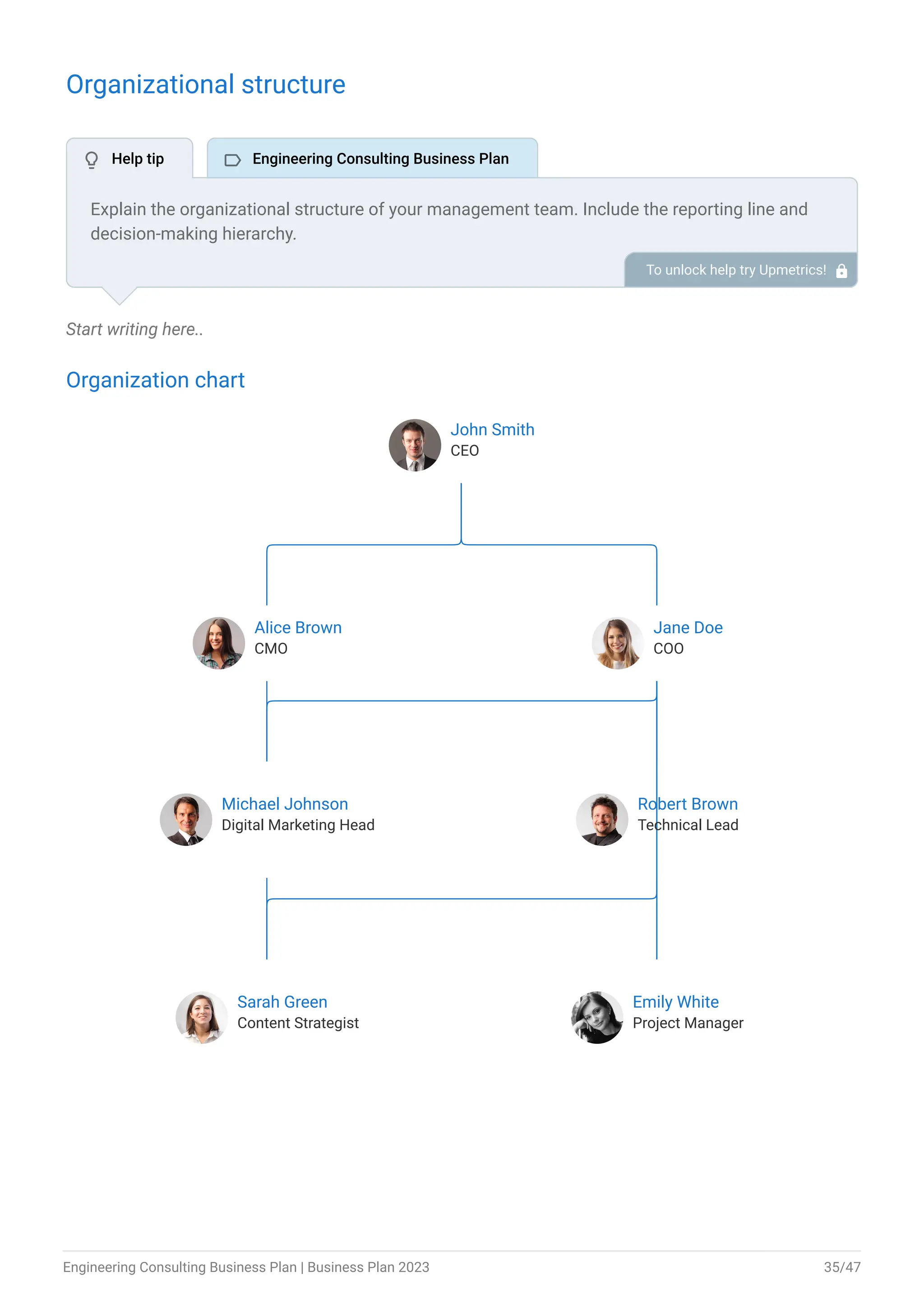 Organizational structure
Start writing here..
Organization chart
John Smith
CEO
Alice Brown
CMO
Jane Doe
COO
Michael Johnson
Digital Marketing Head
Robert Brown
Technical Lead
Sarah Green
Content Strategist
Emily White
Project Manager
End of interactive chart.
Explain the organizational structure of your management team. Include the reporting line and
decision-making hierarchy.
To unlock help try Upmetrics! 
 Help tip  Engineering Consulting Business Plan
Engineering Consulting Business Plan | Business Plan 2023 35/47
 