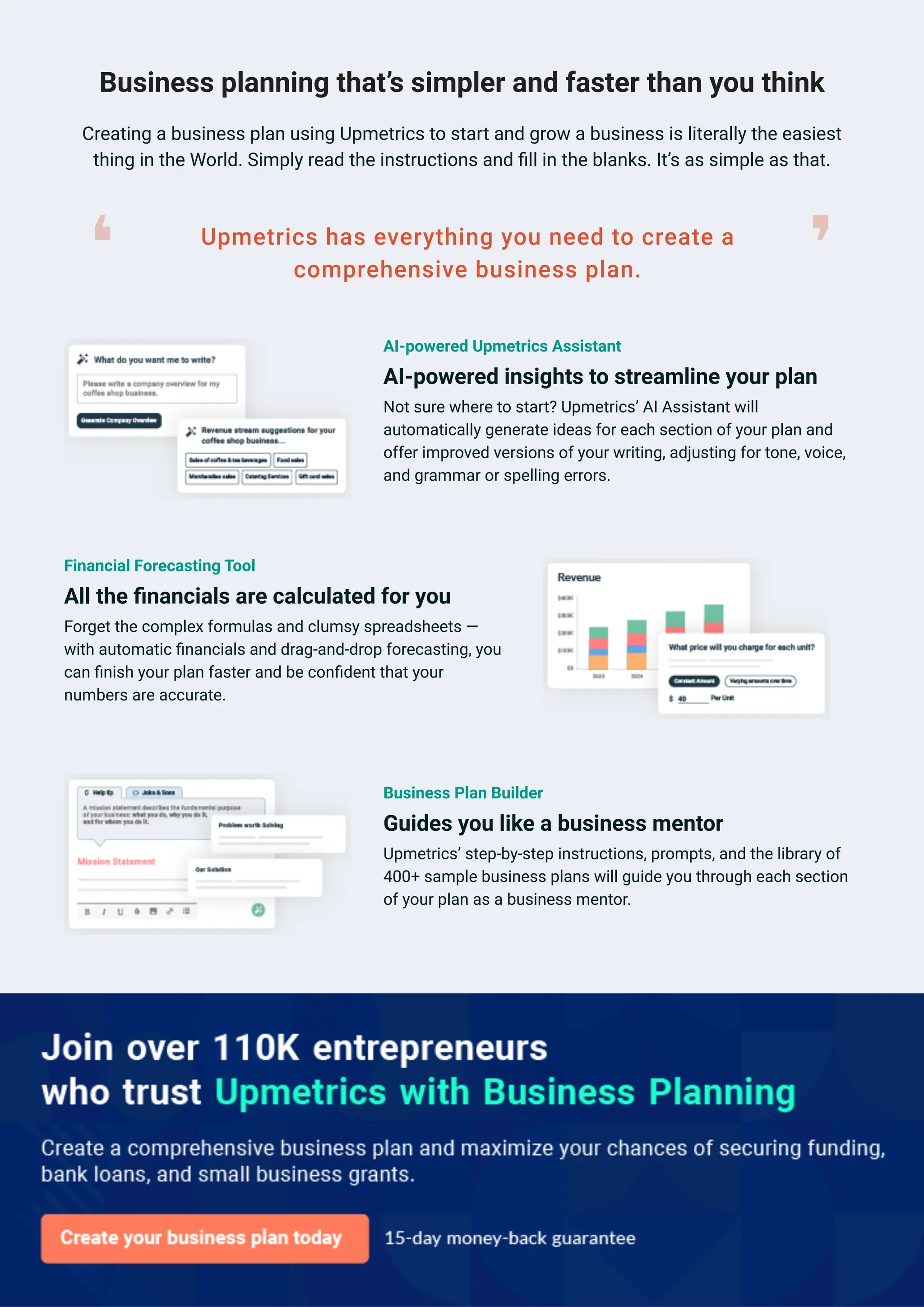 Business planning that’s simpler and faster than you think
Creating a business plan using Upmetrics to start and grow a business is literally the easiest
thing in the World. Simply read the instructions and fill in the blanks. It’s as simple as that.
Upmetrics has everything you need to create a
comprehensive business plan.
❛ ❜
AI-powered Upmetrics Assistant
AI-powered insights to streamline your plan
Not sure where to start? Upmetrics’ AI Assistant will
automatically generate ideas for each section of your plan and
offer improved versions of your writing, adjusting for tone, voice,
and grammar or spelling errors.
Financial Forecasting Tool
All the financials are calculated for you
Forget the complex formulas and clumsy spreadsheets —
with automatic financials and drag-and-drop forecasting, you
can finish your plan faster and be confident that your
numbers are accurate.
Business Plan Builder
Guides you like a business mentor
Upmetrics’ step-by-step instructions, prompts, and the library of
400+ sample business plans will guide you through each section
of your plan as a business mentor.
 