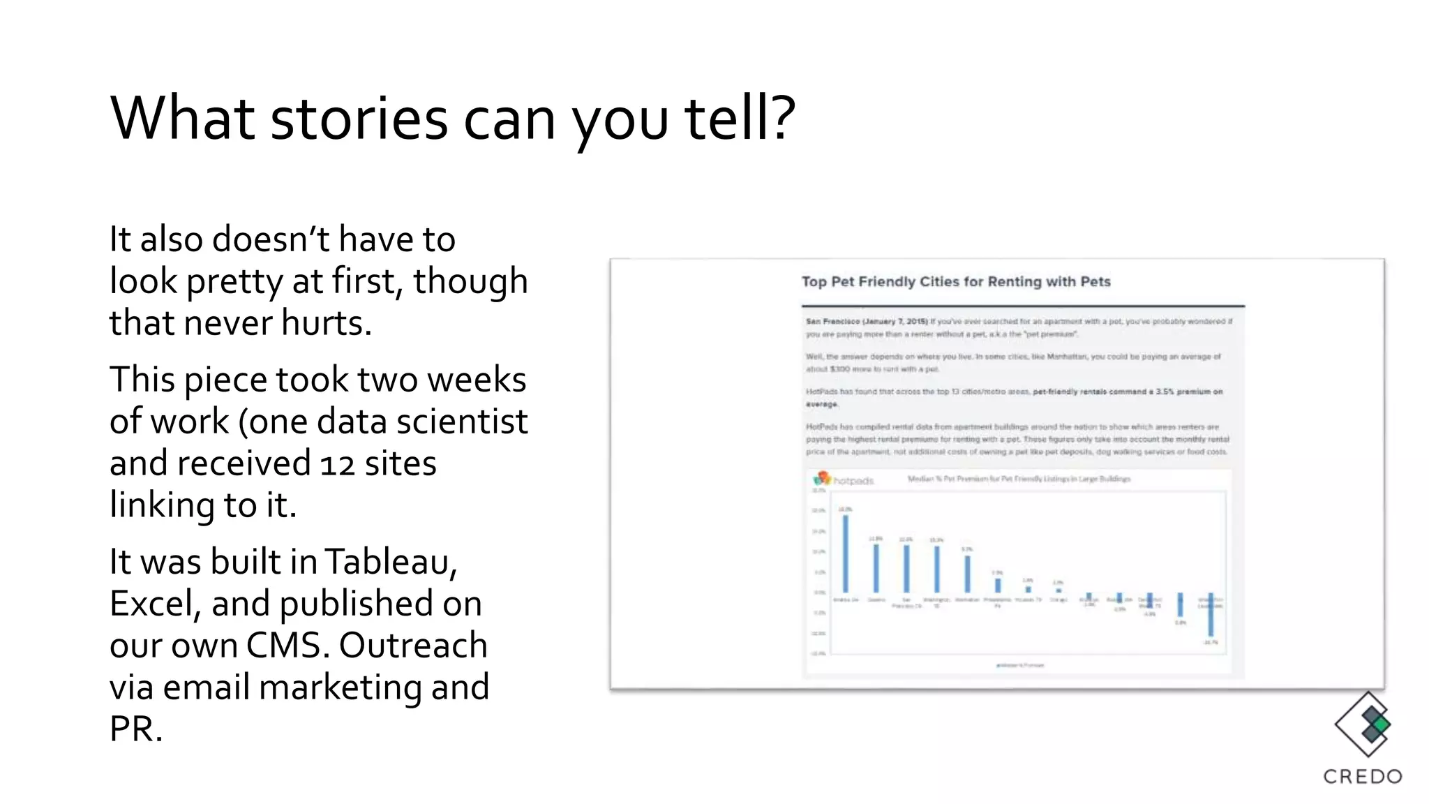 What stories can you tell?
It also doesn’t have to
look pretty at first, though
that never hurts.
This piece took two weeks
of work (one data scientist
and received 12 sites
linking to it.
It was built inTableau,
Excel, and published on
our own CMS. Outreach
via email marketing and
PR.
 