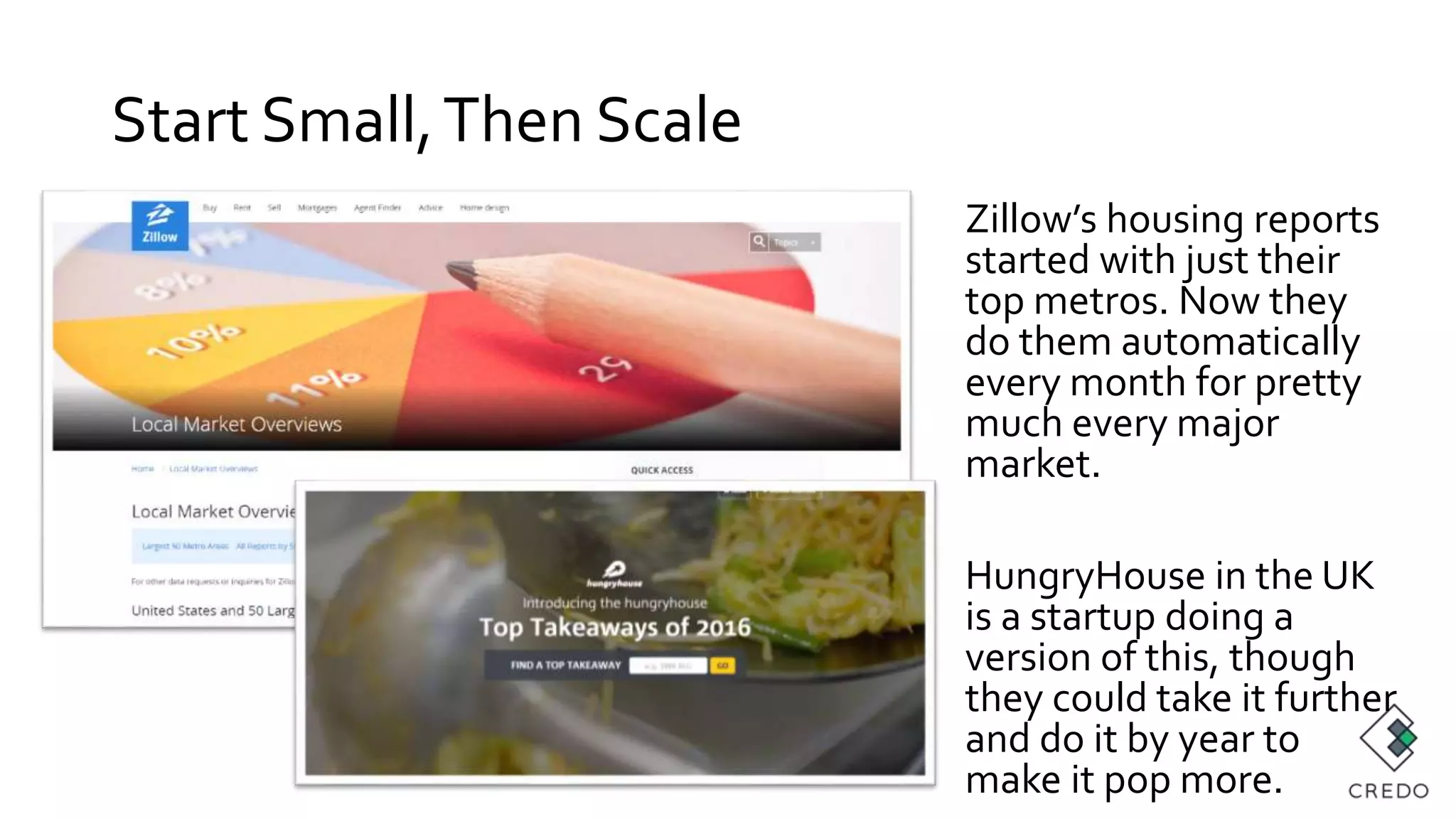 Start Small,Then Scale
Zillow’s housing reports
started with just their
top metros. Now they
do them automatically
every month for pretty
much every major
market.
HungryHouse in the UK
is a startup doing a
version of this, though
they could take it further
and do it by year to
make it pop more.
 