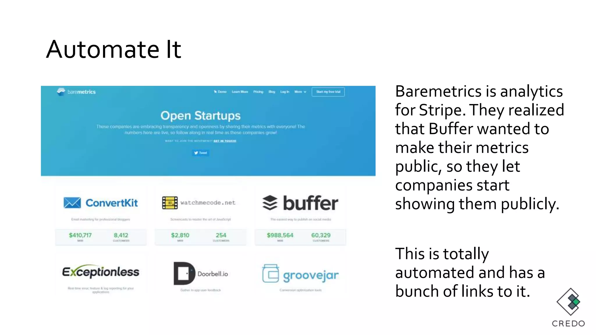 Automate It
Baremetrics is analytics
for Stripe.They realized
that Buffer wanted to
make their metrics
public, so they let
companies start
showing them publicly.
This is totally
automated and has a
bunch of links to it.
 