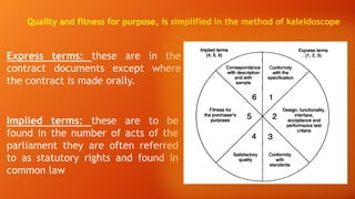 Quality and fitness for purpose, is simplified in the method of kaleidoscope
Express terms: these are in the
contract documents except where
the contract is made orally.
Implied terms: these are to be
found in the number of acts of the
parliament they are often referred
to as statutory rights and found in
common law
 