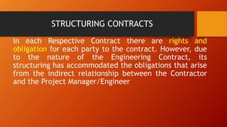 STRUCTURING CONTRACTS
In each Respective Contract there are rights and
obligation for each party to the contract. However, due
to the nature of the Engineering Contract, its
structuring has accommodated the obligations that arise
from the indirect relationship between the Contractor
and the Project Manager/Engineer
 