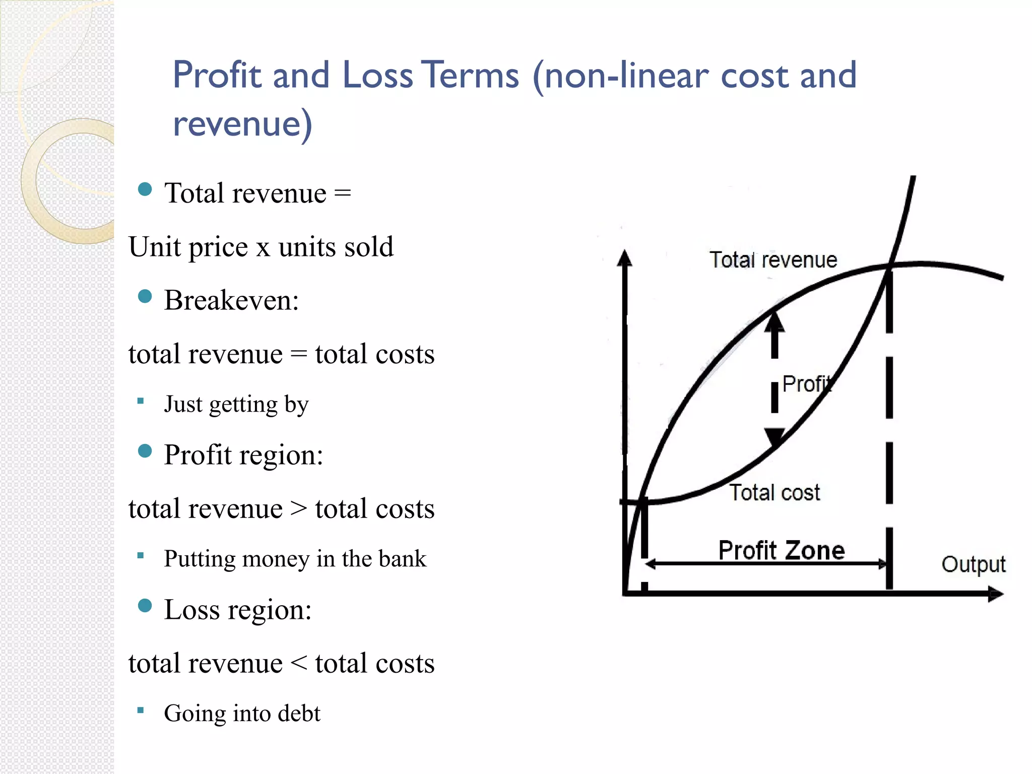 Profit and Loss Terms (non-linear cost and
revenue)
 Total revenue =
Unit price x units sold
 Breakeven:
total revenue = total costs
 Just getting by
 Profit region:
total revenue > total costs
 Putting money in the bank
 Loss region:
total revenue < total costs
 Going into debt
 