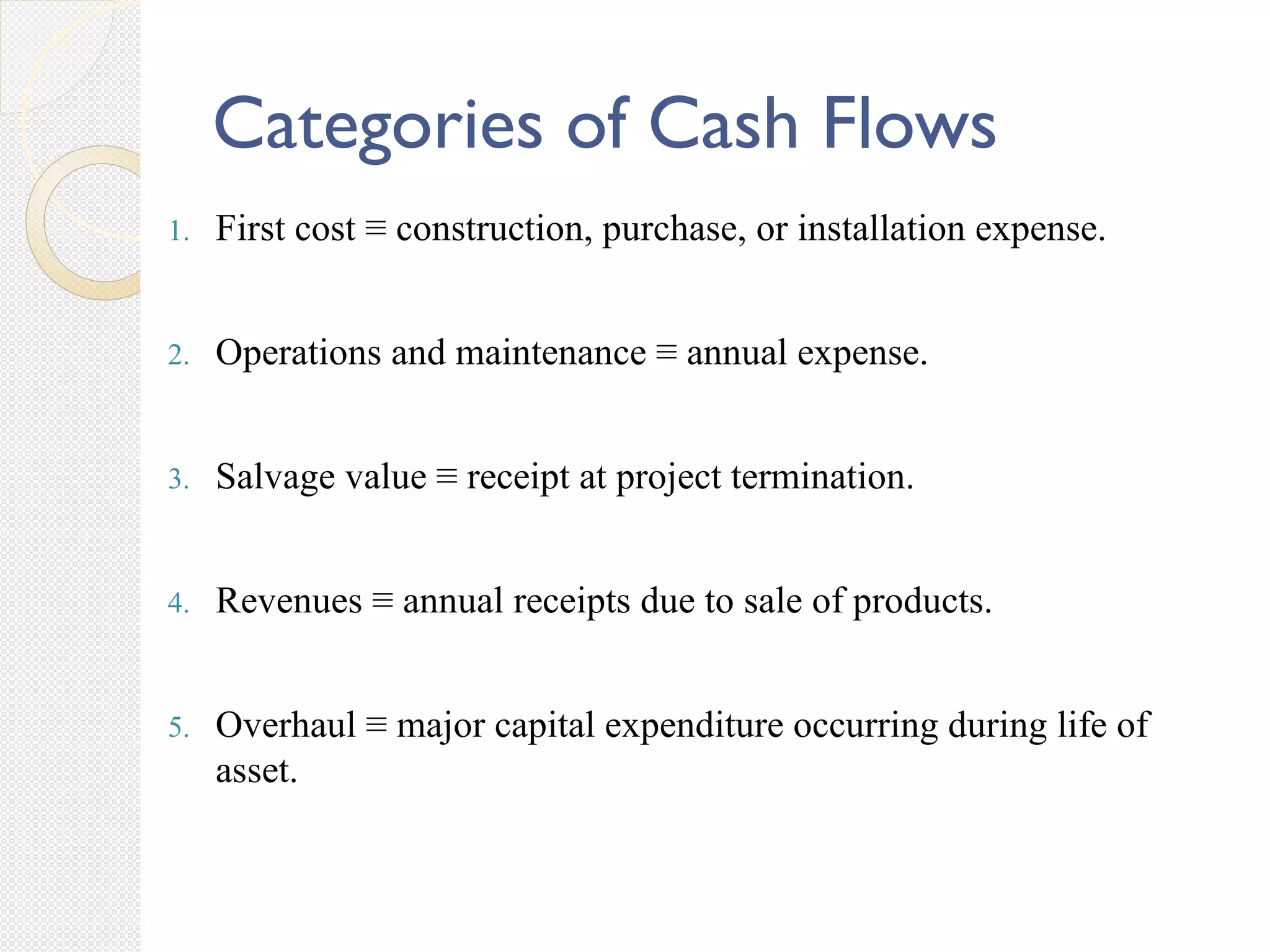 Categories of Cash Flows
1. First cost ≡ construction, purchase, or installation expense.
2. Operations and maintenance ≡ annual expense.
3. Salvage value ≡ receipt at project termination.
4. Revenues ≡ annual receipts due to sale of products.
5. Overhaul ≡ major capital expenditure occurring during life of
asset.
 