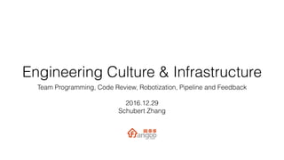 Engineering Culture & Infrastructure
Team Programming, Code Review, Robotization, Pipeline and Feedback
2016.12.29
Schubert Zhang
 