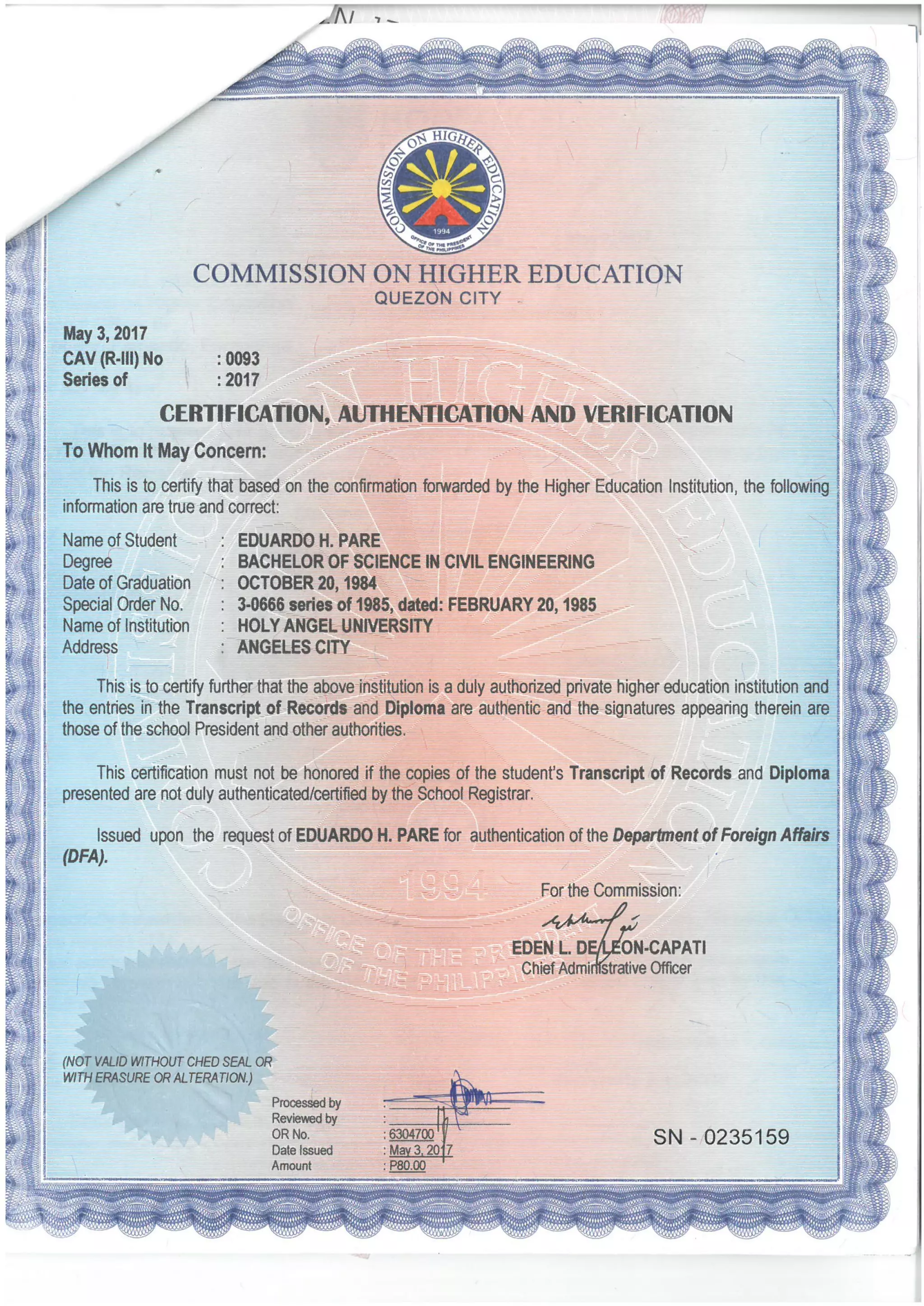 EDUARDO H. PARE - ENGINEERING DEGREE CERTIFICATE | PDF | Civil ...