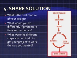    What is the best feature
    of your design?
   What would you do
    differently if given more
    time and resources?
   What were the different
    steps you had to do to
    get your project to work
    the way you wanted?
 