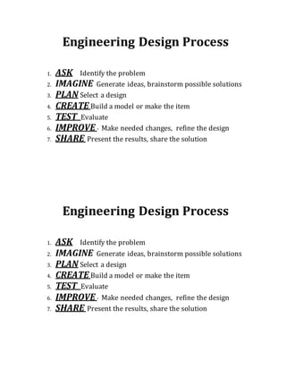 Engineering Design Process
1. ASK Identify the problem
2. IMAGINE Generate ideas, brainstorm possible solutions
3. PLAN Select a design
4. CREATE Build a model or make the item
5. TEST Evaluate
6. IMPROVE - Make needed changes, refine the design
7. SHARE Present the results, share the solution
Engineering Design Process
1. ASK Identify the problem
2. IMAGINE Generate ideas, brainstorm possible solutions
3. PLAN Select a design
4. CREATE Build a model or make the item
5. TEST Evaluate
6. IMPROVE - Make needed changes, refine the design
7. SHARE Present the results, share the solution
 