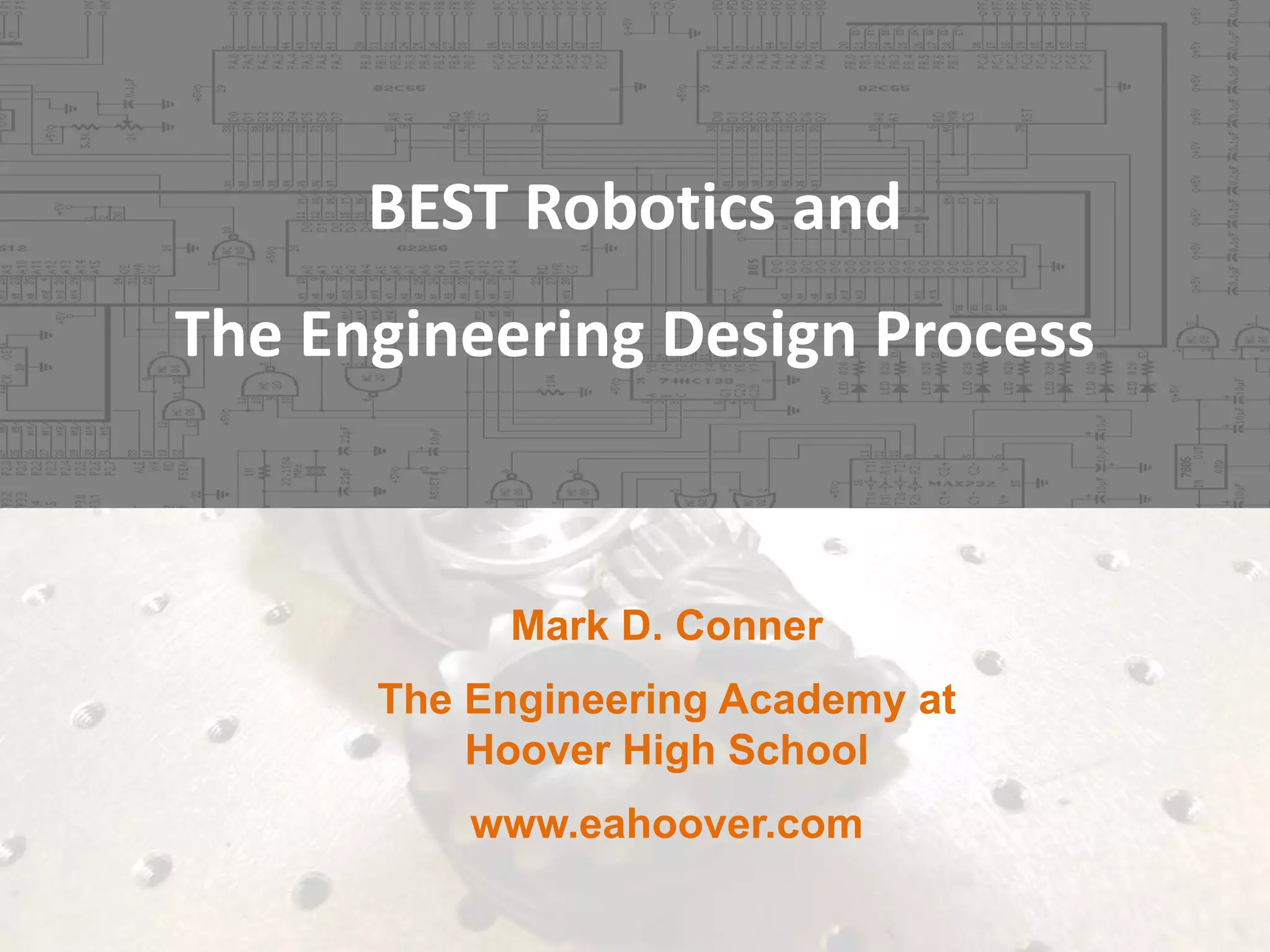 BEST Robotics and 
The Engineering Design Process

Mark D. Conner
The Engineering Academy at
Hoover High School
www.eahoover.com

 