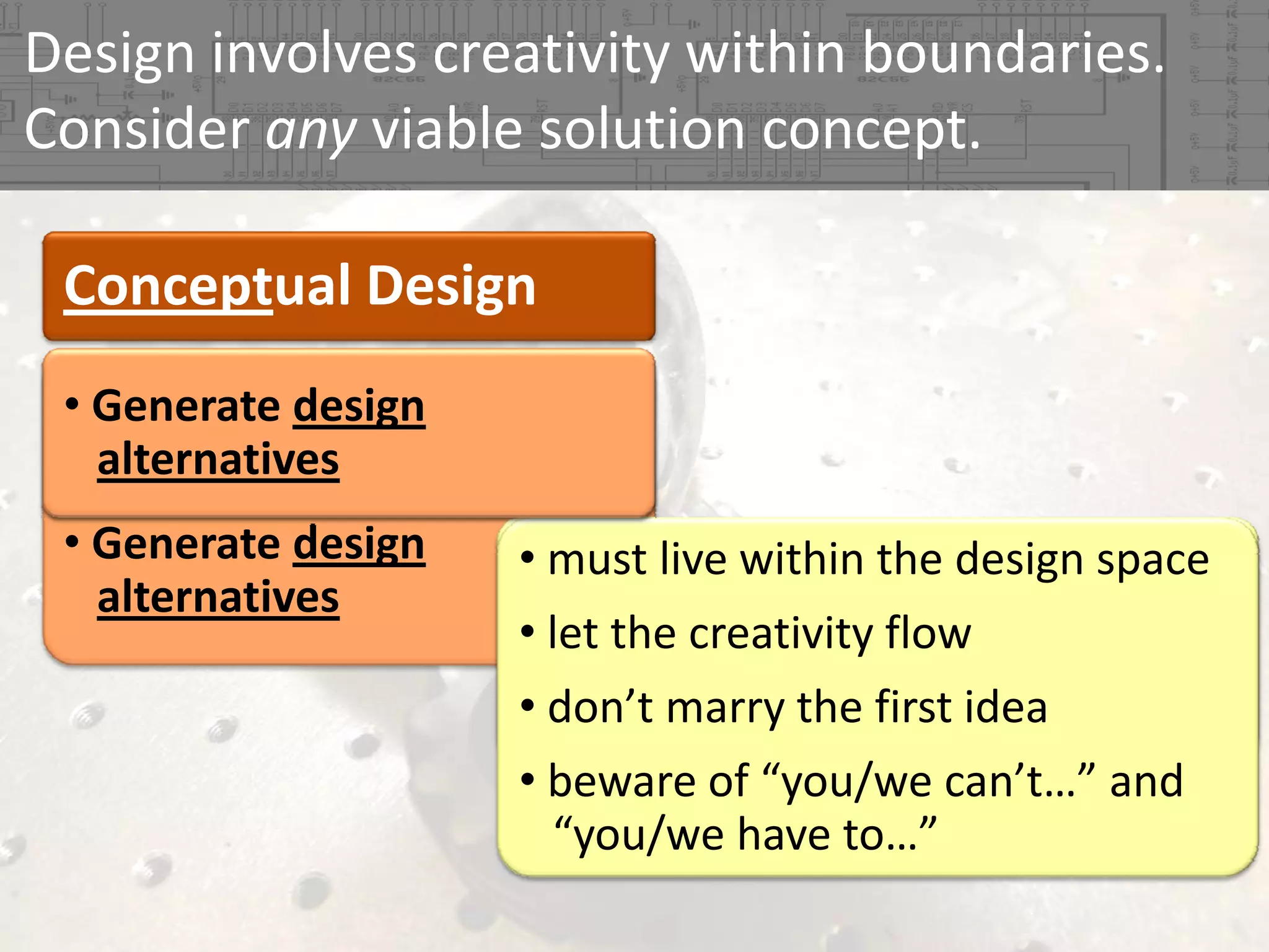 Design involves creativity within boundaries.  
Consider any viable solution concept.
Conceptual Design
• Establish design 
• Generate design 
Establish design 
alternatives
specifications
specifications
• Generate design
alternatives

• precise descriptions of properties
• must live within the design space
• numerical values corresponding 
• let the creativity flow
to performance parameters and 
• attributes
don’t marry the first idea
• beware of “you/we can’t…” and 
“you/we have to…”

 