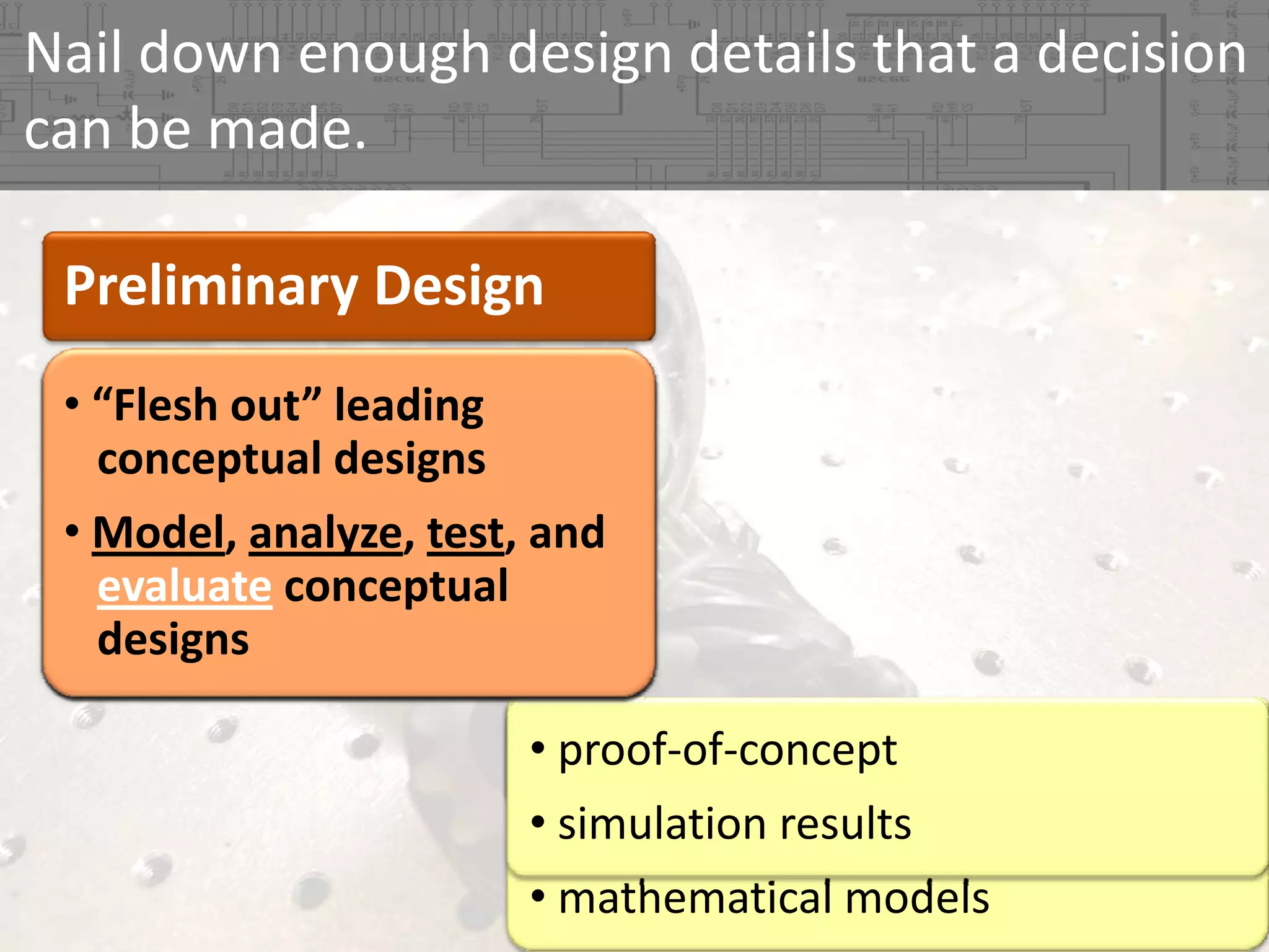 Nail down enough design details that a decision 
can be made.
Preliminary Design
• “Flesh out” leading 
conceptual designs
• “Flesh out” leading 
conceptual designs
• Model, analyze, test, and 
evaluate
• Model conceptual 
Model, analyze, test
Model, analyze
designs
• determine the optimal design
proof‐of‐concept
cardboard or scale models
qualitative and/or quantitative
• simulation results
computer models (CAD, FEM)
• mathematical models

 