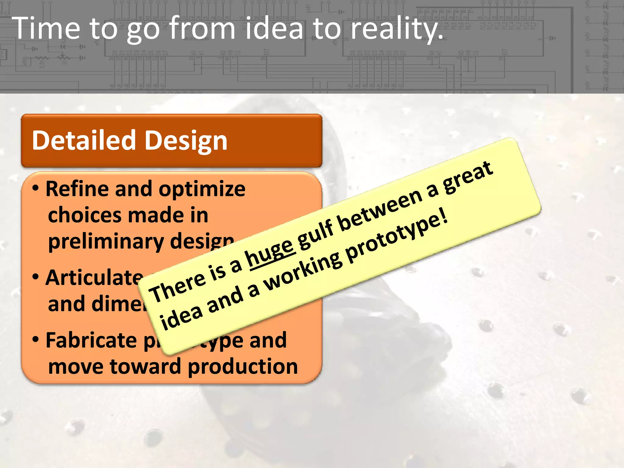 Time to go from idea to reality.
Detailed Design
• Refine and optimize 
choices made in 
preliminary design
• Articulate specific parts 
and dimensions
• Fabricate prototype and 
move toward production

 