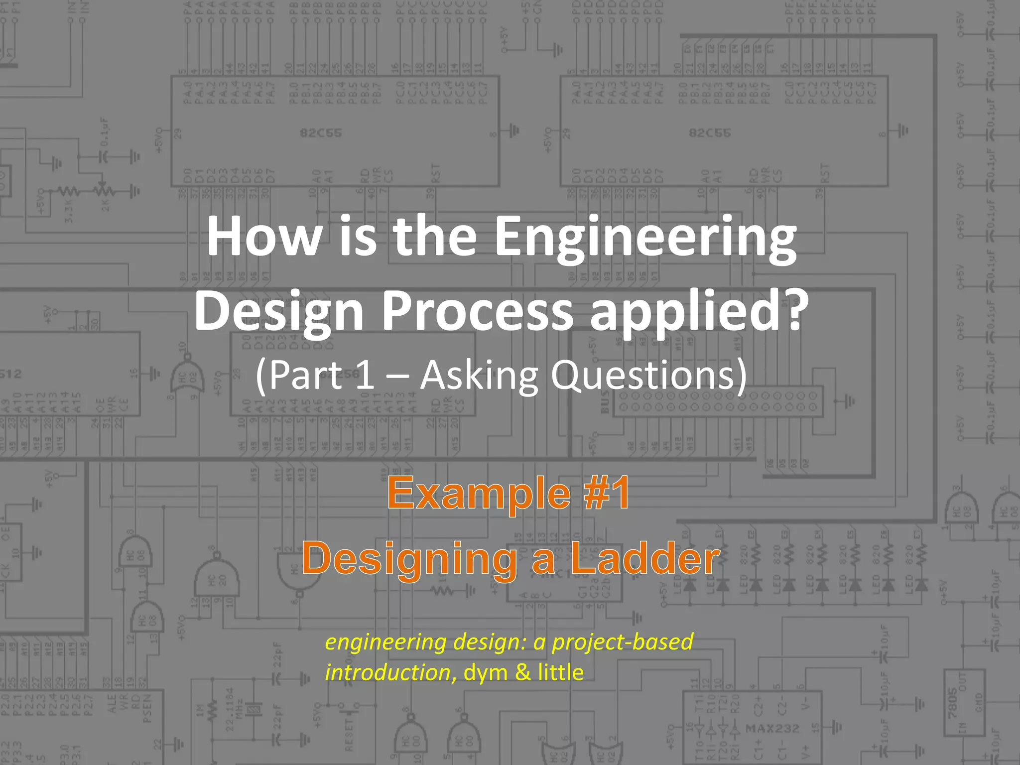 How is the Engineering 
Design Process applied?
(Part 1 – Asking Questions)

engineering design: a project‐based 
introduction, dym & little

 