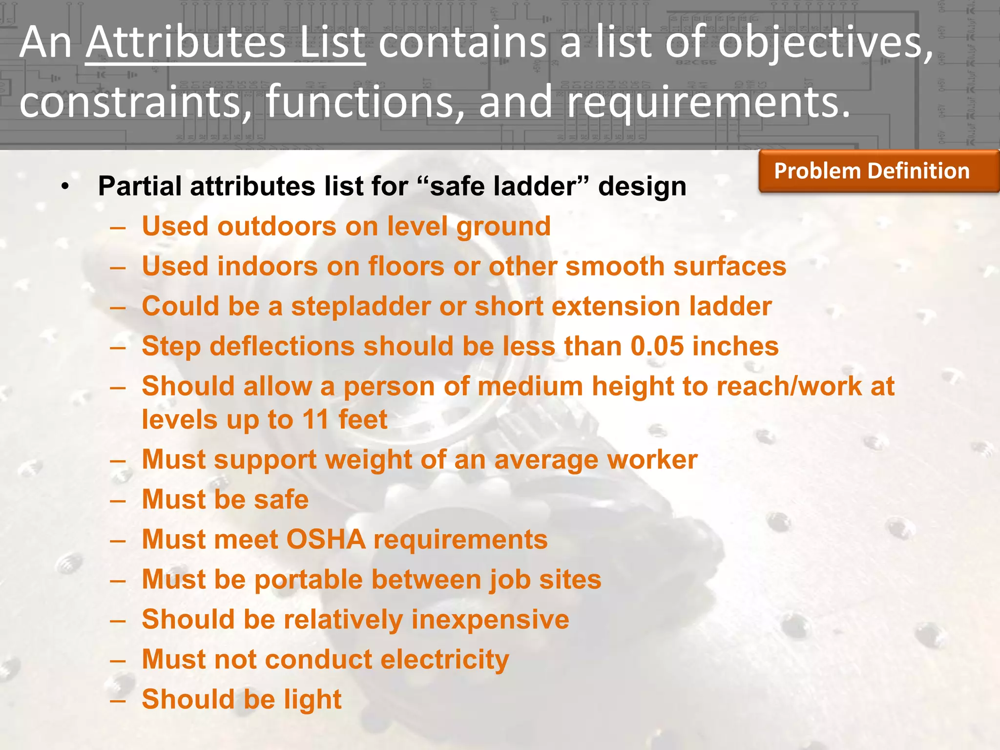 An Attributes List contains a list of objectives, 
constraints, functions, and requirements.
•

Problem Definition

Partial attributes list for “safe ladder” design
– Used outdoors on level ground
– Used indoors on floors or other smooth surfaces
– Could be a stepladder or short extension ladder
– Step deflections should be less than 0.05 inches
– Should allow a person of medium height to reach/work at
levels up to 11 feet
– Must support weight of an average worker
– Must be safe
– Must meet OSHA requirements
– Must be portable between job sites
– Should be relatively inexpensive
– Must not conduct electricity
– Should be light

 