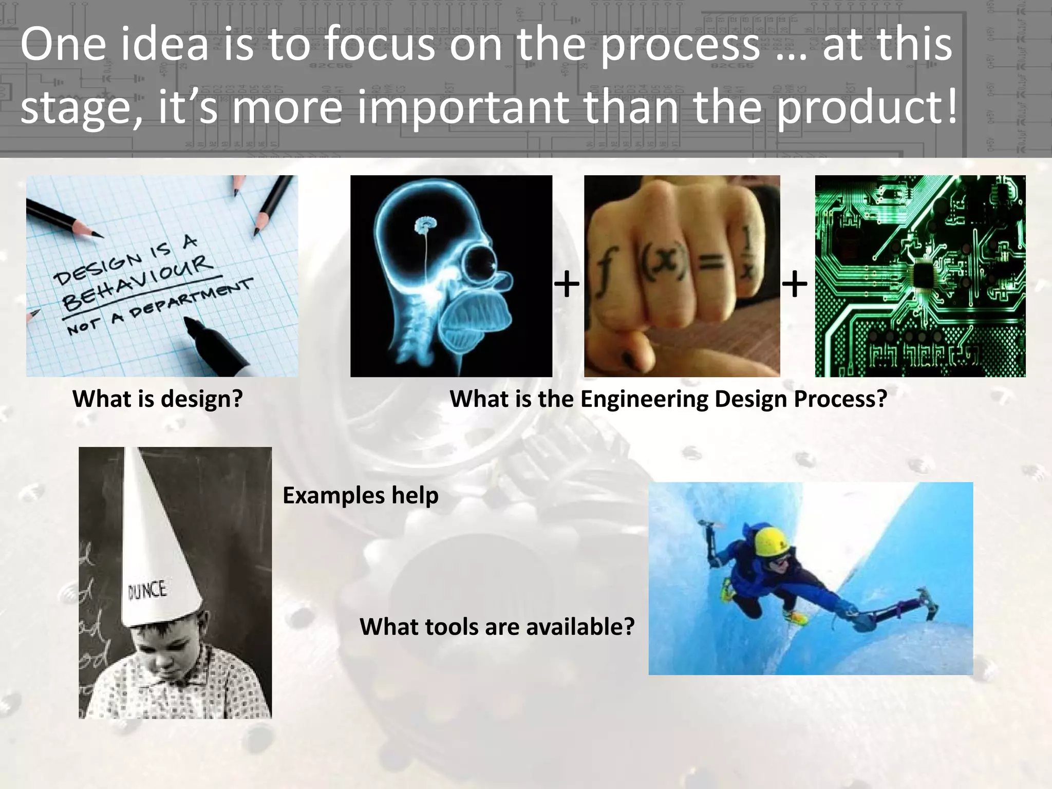 One idea is to focus on the process … at this 
stage, it’s more important than the product!

+
What is design?

+

What is the Engineering Design Process?

Examples help

What tools are available?

 
