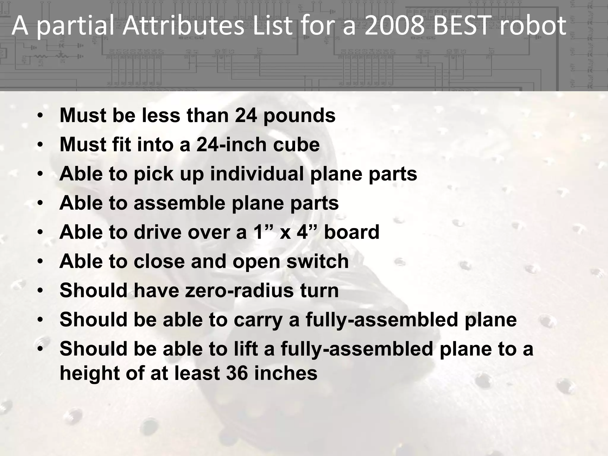 A partial Attributes List for a 2008 BEST robot
•
•
•
•
•
•
•
•
•

Must be less than 24 pounds
Must fit into a 24-inch cube
Able to pick up individual plane parts
Able to assemble plane parts
Able to drive over a 1” x 4” board
Able to close and open switch
Should have zero-radius turn
Should be able to carry a fully-assembled plane
Should be able to lift a fully-assembled plane to a
height of at least 36 inches

 