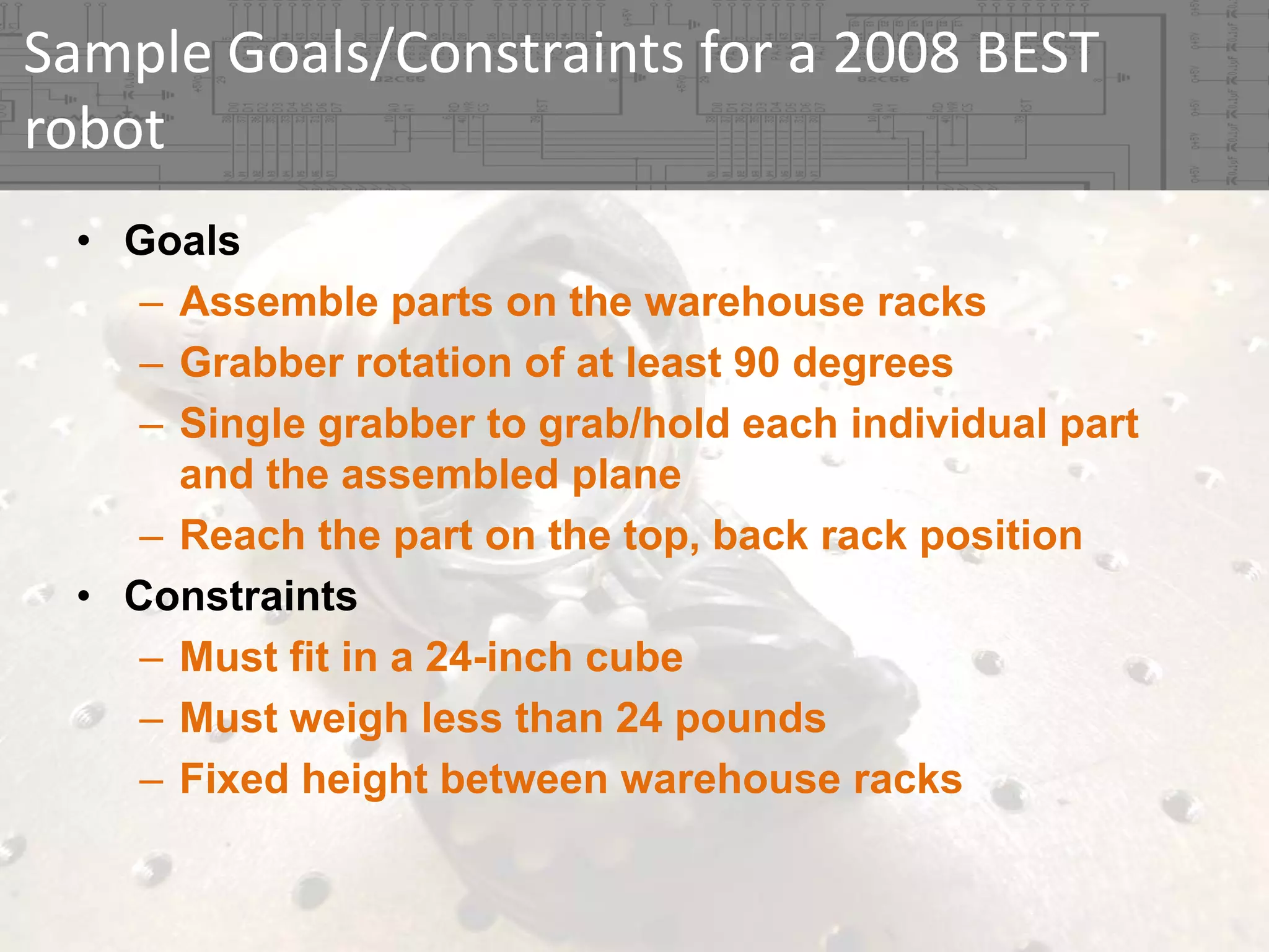 Sample Goals/Constraints for a 2008 BEST 
robot
• Goals
– Assemble parts on the warehouse racks
– Grabber rotation of at least 90 degrees
– Single grabber to grab/hold each individual part
and the assembled plane
– Reach the part on the top, back rack position
• Constraints
– Must fit in a 24-inch cube
– Must weigh less than 24 pounds
– Fixed height between warehouse racks

 