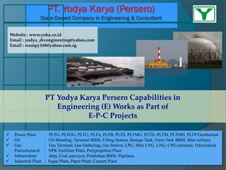 PT. Yodya Karya (Persero)
State-Owned Company in Engineering & Consultant
PT Yodya Karya Persero Capabilities in
Engineering (E) Works as Part of
E-P-C Projects
Website : www.yoka.co.id
Email : yodya_divengineering@yahoo.com
Email : wempy168@yahoo.com.sg
 Power Plant : PLTG, PLTGU, PLTU, PLTA, PLTB, PLTS, PLTMG, PLTD, PLTM, PLTMH, PLTP Geothermal
 Oil : Oil Blending, Terminal BBM, Filling Station, Stotage Tank, Farm Tank BBM, Mini refinery
 Gas : Gas Terminal, Gas Gathering, Gas Station, LPG, Mini LNG, LNG, CNG terminal, Odorization
Petrochemical : NPK Fertilizer Plant, Polypropilene Plant
 Infrastruktur : Jetty, Coal conveyor, Pelabuhan BBM, Pipelines
 Industrial Plant : Sugar Plant, Paper Plant, Cement Plant
 