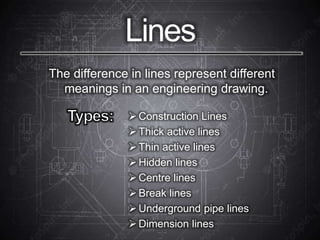 Lines
The difference in lines represent different
meanings in an engineering drawing.
Construction Lines
Thick active lines
Thin active lines
Hidden lines
Centre lines
Break lines
Underground pipe lines
Dimension lines
 