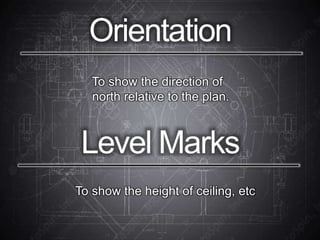 Orientation
To show the direction of
north relative to the plan.
Level Marks
To show the height of ceiling, etc
 